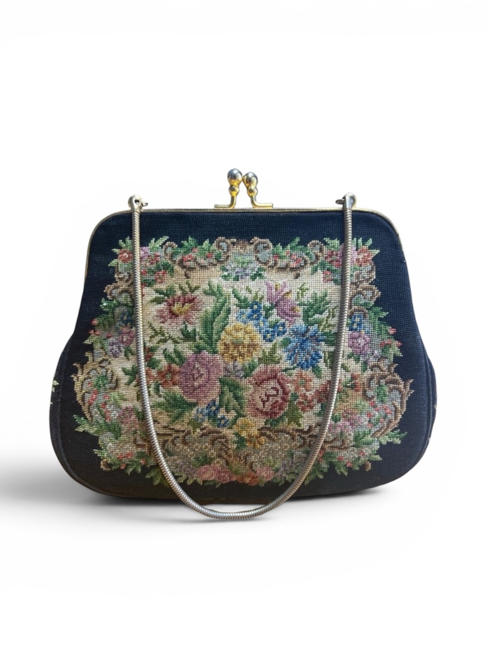Vintage Tapestry Black Floral Needlepoint Purse Clutch Chain Strap Kiss Clasp